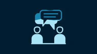 White Two sitting men talking icon isolated on blue background. Speech bubble chat. Message icon. Communication or comment chat symbol. 4K Video motion graphic animation.