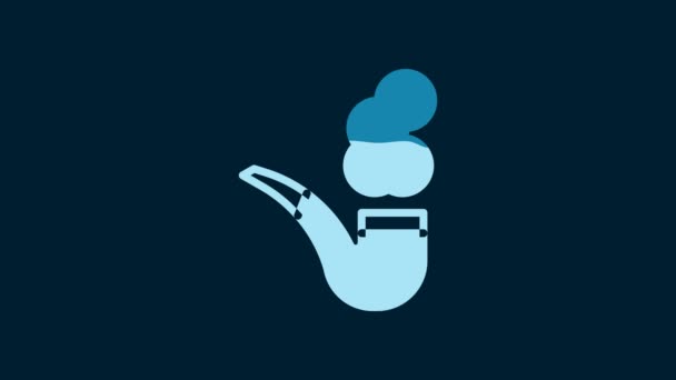 煙のアイコンが青の背景に隔離された白い喫煙パイプ タバコパイプ 4Kビデオモーショングラフィックアニメーション — ストック動画