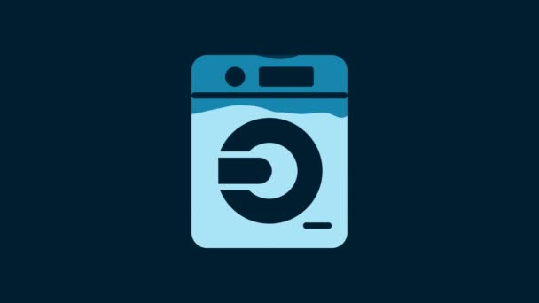 白いワッシャーのアイコンは青の背景に隔離されています 洗濯機のアイコン 洗濯機 洗濯機 家電製品のシンボル 4Kビデオモーショングラフィックアニメーション — ストック動画