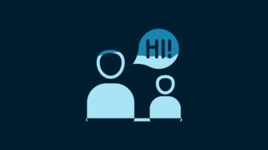 White Two sitting men talking icon isolated on blue background. Speech bubble chat. Message icon. Communication or comment chat symbol. 4K Video motion graphic animation.