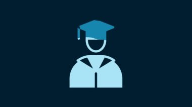 White Graduate and graduation cap icon isolated on blue background. 4K Video motion graphic animation.