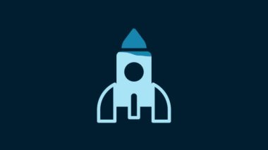 White Rocket ship toy icon isolated on blue background. Space travel. 4K Video motion graphic animation.