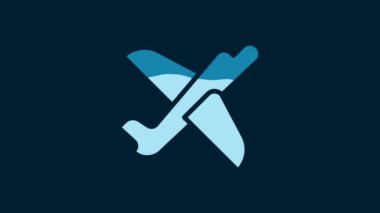 White Toy plane icon isolated on blue background. Flying airplane icon. Airliner sign. 4K Video motion graphic animation.