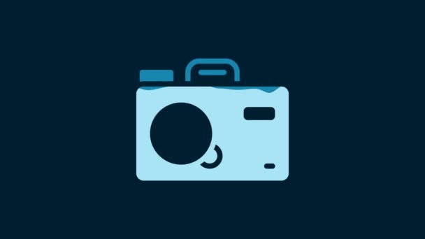 青の背景に隔離されたホワイトフォトカメラアイコン フォトカメラ デジタル写真 4Kビデオモーショングラフィックアニメーション — ストック動画
