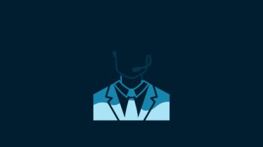 White Man with a headset icon isolated on blue background. Support operator in touch. Concept for call center, client support service. 4K Video motion graphic animation.