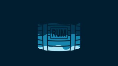 White Wooden barrel with rum icon isolated on blue background. 4K Video motion graphic animation.