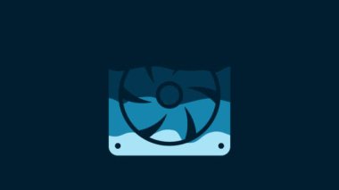 White Computer cooler icon isolated on blue background. PC hardware fan. 4K Video motion graphic animation.
