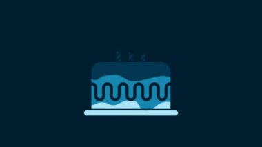 White Cake with burning candles icon isolated on blue background. Happy Birthday. 4K Video motion graphic animation.
