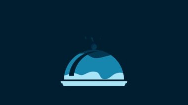 White Covered with a tray of food icon isolated on blue background. Tray and lid. Restaurant cloche with lid. Kitchenware symbol. 4K Video motion graphic animation.