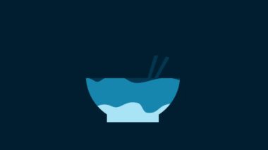 White Bowl with asian food and pair of chopsticks silhouette icon isolated on blue background. Concept of prepare, eastern diet. 4K Video motion graphic animation.