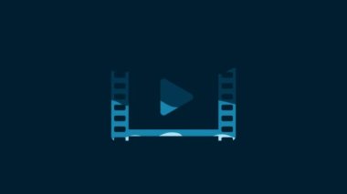White Play Video icon isolated on blue background. Film strip with play sign. 4K Video motion graphic animation.