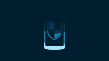 White Smartphone, mobile phone with security shield icon isolated on blue background. 4K Video motion graphic animation.