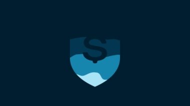 White Shield and dollar icon isolated on blue background. Security shield protection. Money security concept. 4K Video motion graphic animation.