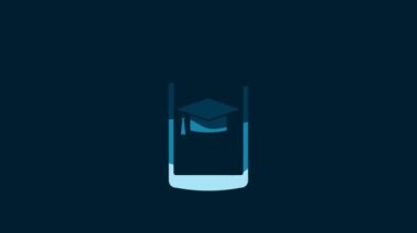 White Graduation cap on screen smartphone icon isolated on blue background. Online learning or e-learning concept. 4K Video motion graphic animation.