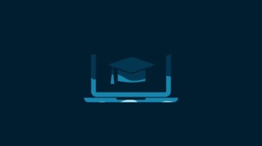 White Graduation cap on screen laptop icon isolated on blue background. Online learning or e-learning concept. 4K Video motion graphic animation.