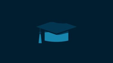 White Graduation cap icon isolated on blue background. Graduation hat with tassel icon. 4K Video motion graphic animation.
