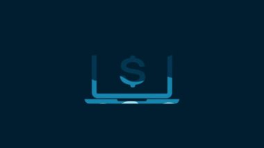 White Laptop with dollar symbol icon isolated on blue background. Online shopping concept. Economy concept. 4K Video motion graphic animation.