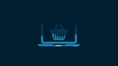 White Shopping basket on screen laptop icon isolated on blue background. Concept e-commerce, e-business, online business marketing. 4K Video motion graphic animation.