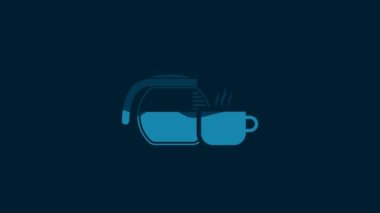 White Coffee pot with cup icon isolated on blue background. 4K Video motion graphic animation.