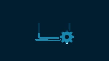White Laptop and gear icon isolated on blue background. Adjusting, service, setting, maintenance, repair, fixing. 4K Video motion graphic animation.