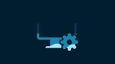 White Computer monitor and gear icon isolated on blue background. Adjusting, service, setting, maintenance, repair, fixing. 4K Video motion graphic animation.