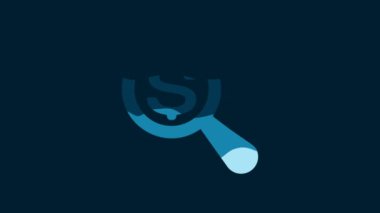 White Magnifying glass and dollar icon isolated on blue background. Find money. Looking for money. 4K Video motion graphic animation.