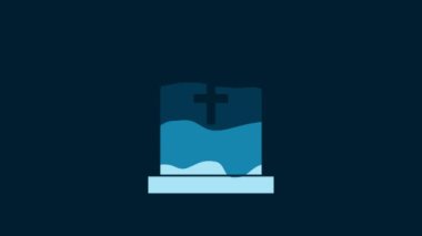 White Tombstone with cross icon isolated on blue background. Grave icon. 4K Video motion graphic animation.