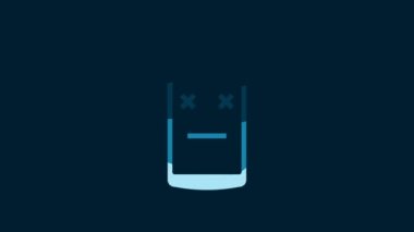 White Dead mobile icon isolated on blue background. Deceased digital device emoji symbol. Corpse smartphone showing facial emotion. 4K Video motion graphic animation.