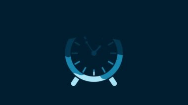 White Alarm clock icon isolated on blue background. Wake up, get up concept. Time sign. 4K Video motion graphic animation.