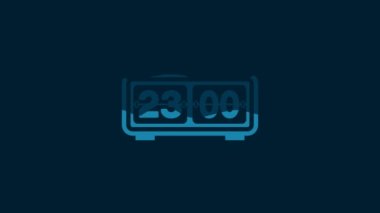 White Retro flip clock icon isolated on blue background. Wall flap clock, number counter template, all digits with flips. 4K Video motion graphic animation.