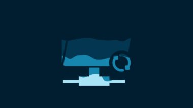 White FTP sync refresh icon isolated on blue background. Software update, transfer protocol, router, teamwork tool management, copy process. 4K Video motion graphic animation.