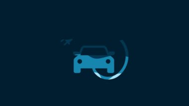 White Electric car and electrical cable plug charging icon isolated on blue background. Renewable eco technologies. 4K Video motion graphic animation.