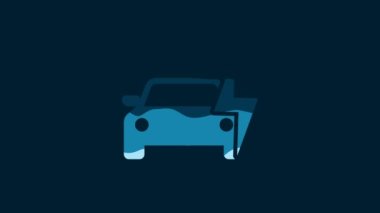 White Electric car and electrical cable plug charging icon isolated on blue background. Renewable eco technologies. 4K Video motion graphic animation.