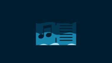 White Music book with note icon isolated on blue background. Music sheet with note stave. Notebook for musical notes. 4K Video motion graphic animation.