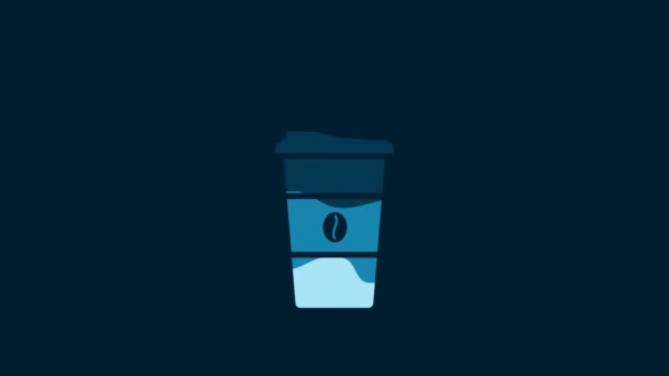 白色咖啡杯图标隔离在蓝色背景 可处置的咖啡杯加热咖啡 4K视频运动图形动画 — 图库视频影像