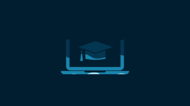 White Graduation Cap Screen Laptop Icon Isolated Blue Background Online — Video Stock