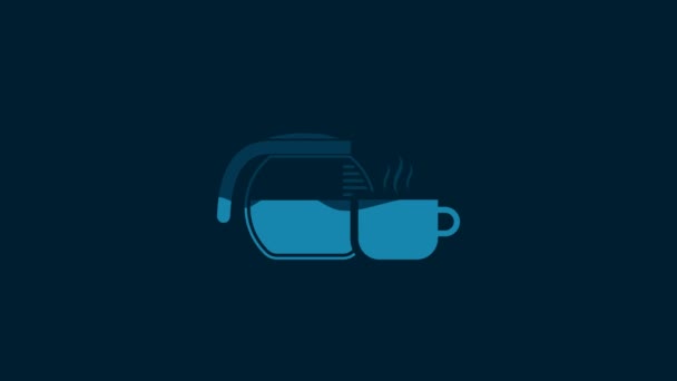 带有杯子图标的白色咖啡壶 蓝色背景隔离 4K视频运动图形动画 — 图库视频影像