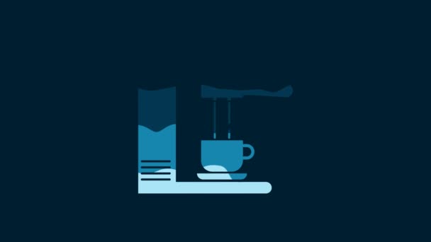 白色咖啡机和咖啡杯图标被蓝色背景隔离 4K视频运动图形动画 — 图库视频影像