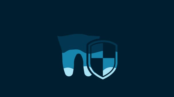 Біла Піктограма Захисту Зубів Ізольована Синьому Фоні Зуб Логотипі Щита — стокове відео