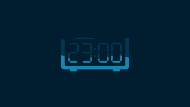 青の背景に隔離されたホワイトデジタル目覚まし時計アイコン 電子時計の目覚まし時計 タイムアイコン 4Kビデオモーショングラフィックアニメーション — ストック動画