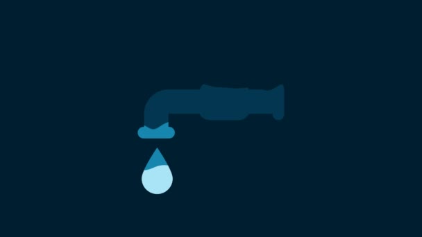 青い背景に分離された落下する水滴アイコンを持つ白い水のタップ 4Kビデオモーショングラフィックアニメーション — ストック動画