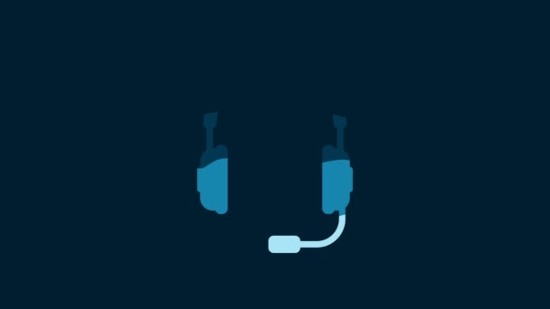白色耳机 麦克风图标隔离在蓝色背景 听音乐 通信和操作员的概念对象 4K视频运动图形动画 — 图库视频影像