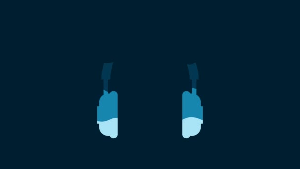 白色耳机图标隔离在蓝色背景 耳机的标志 听音乐 通信和操作员的概念对象 4K视频运动图形动画 — 图库视频影像