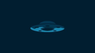 White UFO flying spaceship icon isolated on blue background. Flying saucer. Alien space ship. Futuristic unknown flying object. 4K Video motion graphic animation.