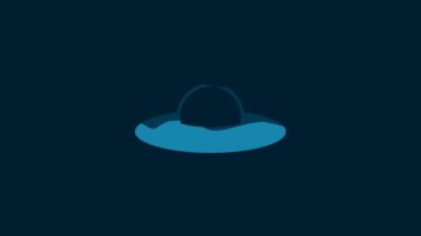 White UFO flying spaceship icon isolated on blue background. Flying saucer. Alien space ship. Futuristic unknown flying object. 4K Video motion graphic animation.