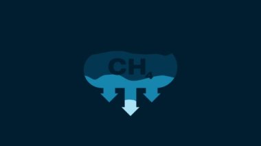White Methane emissions reduction icon isolated on blue background. CH4 molecule model and chemical formula. Marsh gas. Natural gas. 4K Video motion graphic animation.