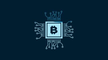 White CPU mining farm icon isolated on blue background. Bitcoin sign inside processor. Cryptocurrency mining community. Digital money. 4K Video motion graphic animation.