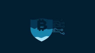 White Shield with bitcoin icon isolated on blue background. Cryptocurrency mining, blockchain technology, security, protect, digital money. 4K Video motion graphic animation.