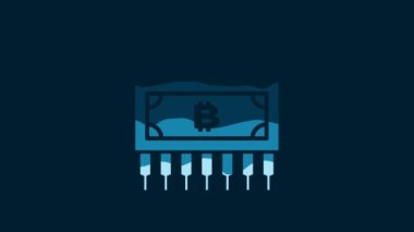White Cryptocurrency bitcoin in circle with microchip circuit icon isolated on blue background. Blockchain technology, digital money market. 4K Video motion graphic animation.