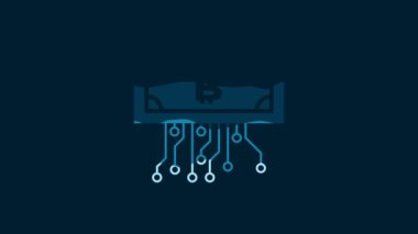 White Cryptocurrency bitcoin in circle with microchip circuit icon isolated on blue background. Blockchain technology, digital money market. 4K Video motion graphic animation.